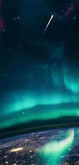 Vibrant aurora borealis over Earth with stars and teal hues.