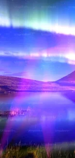 Aurora Borealis shining over serene mountain lake with vibrant colors.