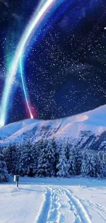 Aurora over snowy mountains under starry night sky.