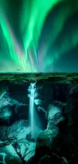 Dynamic aurora over a waterfall in a tranquil night landscape.