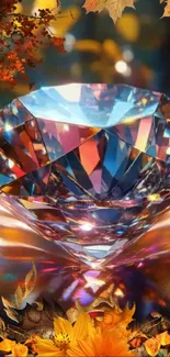 Beautiful gemstone with autumn leaves background.
