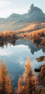 Scenic autumn landscape with a mountain reflecting in a tranquil lake.