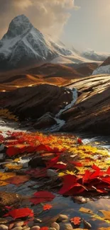 Autumn mountain landscape with red and yellow leaves.