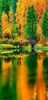 Vibrant autumn foliage reflected in a tranquil lake.