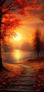 Beautiful orange-hued autumn sunset over a serene lakeside pathway.