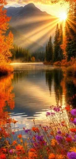 Autumn sunset reflecting on a tranquil lake with vibrant foliage.