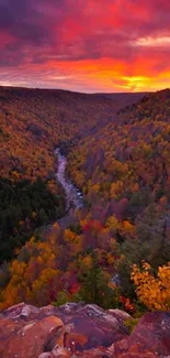 Majestic autumn valley at sunset with vibrant colors.