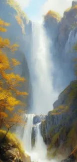 Majestic waterfall with autumn trees and golden hues.