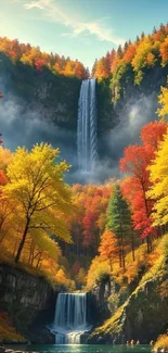 Autumn forest waterfall with vibrant foliage and serene water body