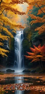 Waterfall surrounded by autumn foliage in a serene forest setting.