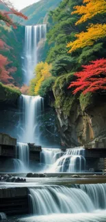 Waterfall with autumn leaves in vibrant colors, creating a tranquil scene.