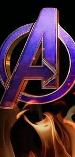 Avengers logo on fiery background mobile wallpaper.