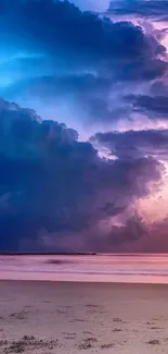 Dramatic clouds over a serene beach at sunset.