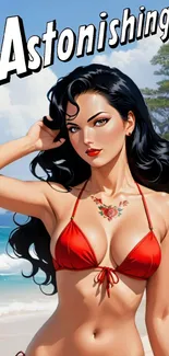 Anime beach art with a stylish female character in a red bikini and vibrant scenery.