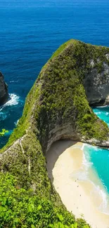 Beautiful tropical beach and cliff with azure ocean.