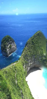 Breathtaking ocean view from a high beach cliff, featuring lush greenery.