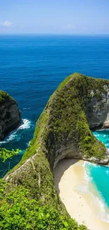 Breathtaking view of beach cliffs with azure ocean waves and golden sand.