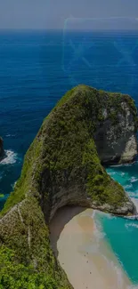 A stunning view of a tropical beach with cliffs and blue ocean.