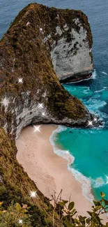 Scenic view of a beach cliff with turquoise ocean waves.