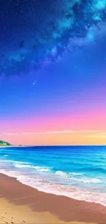 Colorful beach and galaxy mobile wallpaper at sunset.