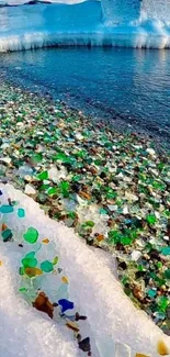 Glass beach with ice and blue sea in a stunning natural landscape.