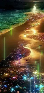 Night beach with glowing lights and vibrant sandy path.