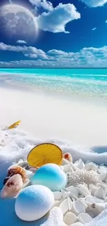 Stunning beach with clear blue ocean and shells under a vibrant sky.