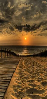 Golden beach sunset with ocean view and sandy path.