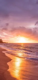 Vibrant orange sunset over a tranquil beach shoreline with ocean waves.