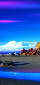 A serene beach scene with vivid blue sky, crashing waves, and rocky shoreline.