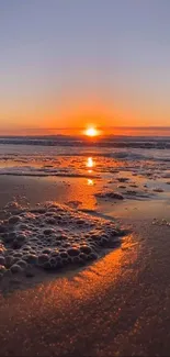 Beach sunset with orange glow reflecting on the ocean waves and sandy shore.