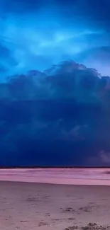 Beautiful beachscape with blue sky and purple clouds.