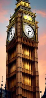 Mobile wallpaper featuring Big Ben at sunset with a vibrant orange sky.