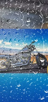 Motorcycle on desert road with rain effect wallpaper.