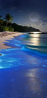 Bioluminescent waves on a tropical beach at night with a starry sky.
