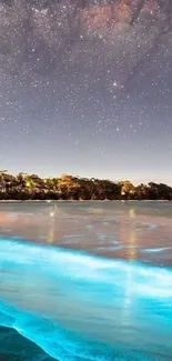 Bioluminescent beach with night sky stars, glowing soft illumination.