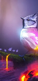 Vivid bird perched near glowing lava.