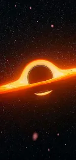 Vivid black hole with orange cosmic aura against starry backdrop.