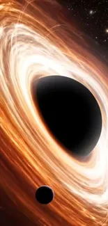 A mesmerizing black hole with swirling orange and white light in space.