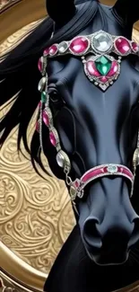 Elegant black horse with ornate jewelry on a golden background.