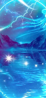 Blue abstract art wallpaper with stars, lightning, and serene waters.