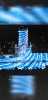 Beautiful blue light projection on a historic building at night.