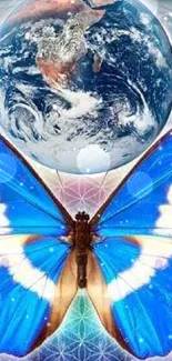 Vivid blue butterfly with cosmic Earth background.