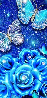 Blue butterflies and roses sparkle wallpaper.