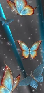 Blue butterflies with shimmering wings on a dark background.