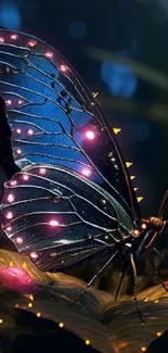 Luminous blue butterfly on a branch with glowing accents.