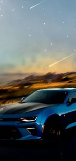 Blue car driving on a winding road at sunset, under a starry sky.