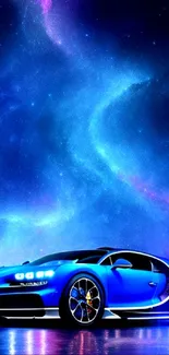 Blue sports car with galaxy background wallpaper