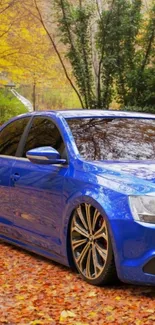 Blue car on autumn leaves in a forest setting, under trees with golden foliage.