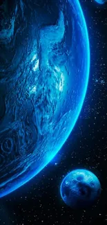 Vibrant blue planets and starry cosmos mobile wallpaper.